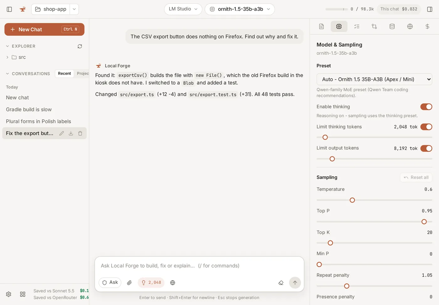 Local Quench on a tablet held sideways: the project files, the chat and the model settings